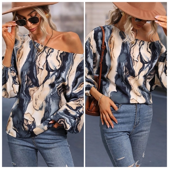 (Out Of Stock) Blue Printed Boat Neck Top - Picture 6 of 6